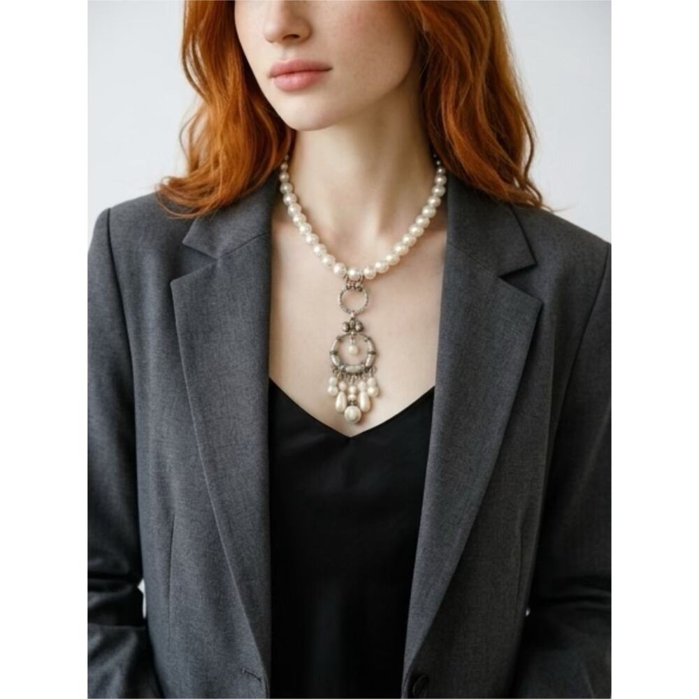 Handmade Vintage Remix Pearl Necklace Silver Tone 18–19” Pendant